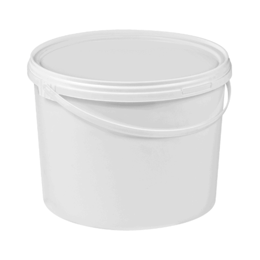 A white 10L bucket with handle and lid